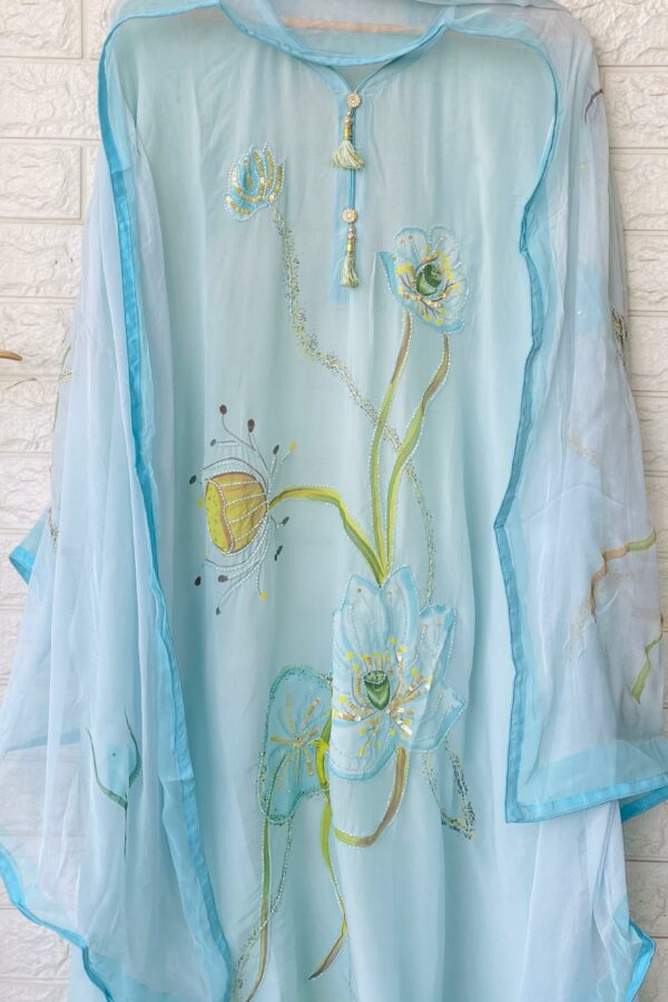 Organza Silk Hand Painted With Handwork Highlighting Suit