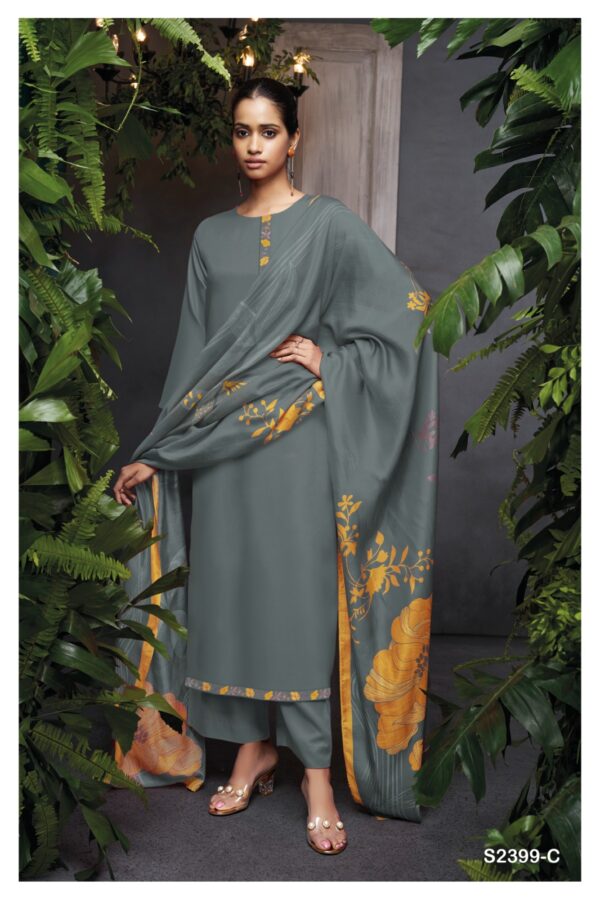Ganga Chinecha S2399D - Premium Cotton Silk With Printed Neck And Daman Border Suit