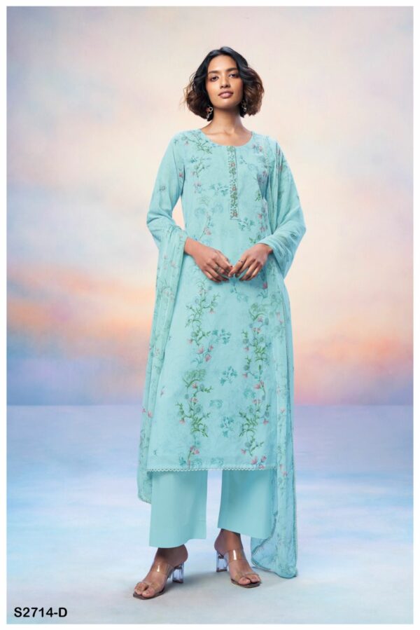 Ganga Dhitya 2714D - Premium Voil Printed Embroidery Hand Work And Cotton Lace Suit