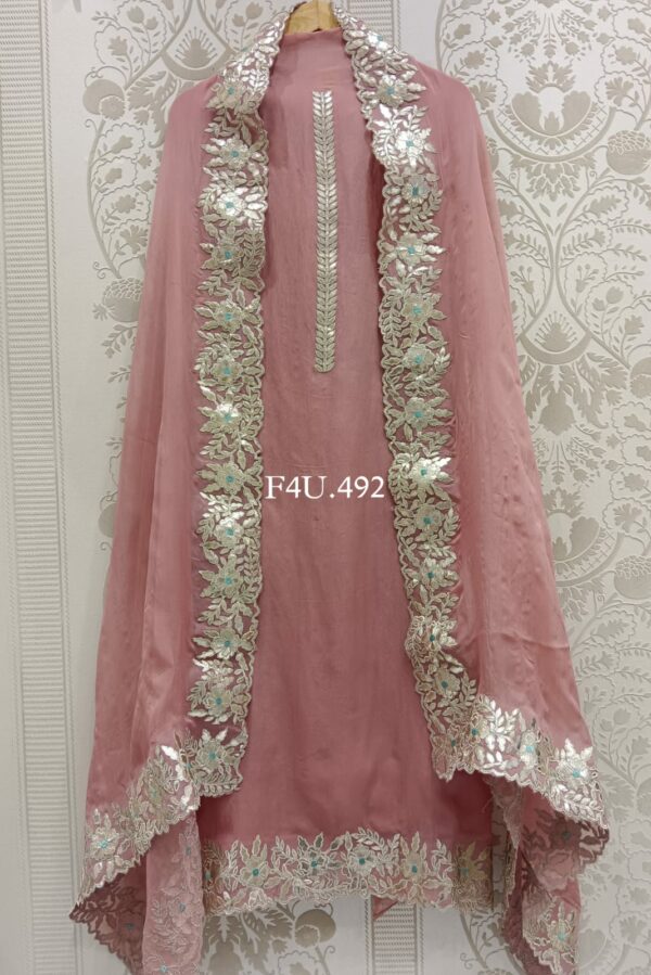 Pure Viscose Soft Organza With Beautiful Leather Patch Cutwork Embroidery Suit 