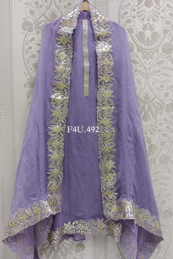 Pure Viscose Soft Organza With Beautiful Leather Patch Cutwork Embroidery Suit 