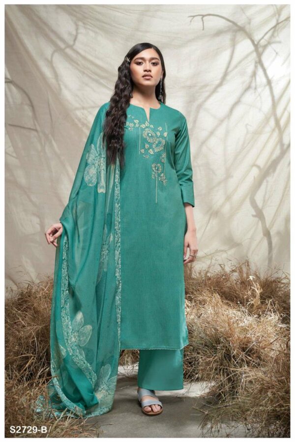 Ganga Twisha 2729D - Premium Cotton Printed With Embroidery And Cotton Lace Suit