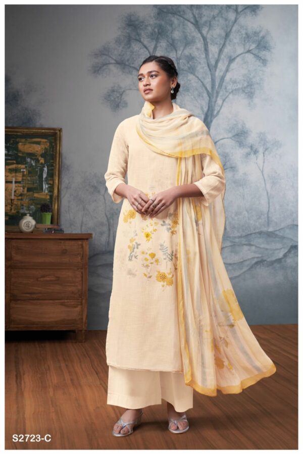 Ganga Mishika 2723D - Premium Cotton Linen Printed With Handwork & Lace Work Suit