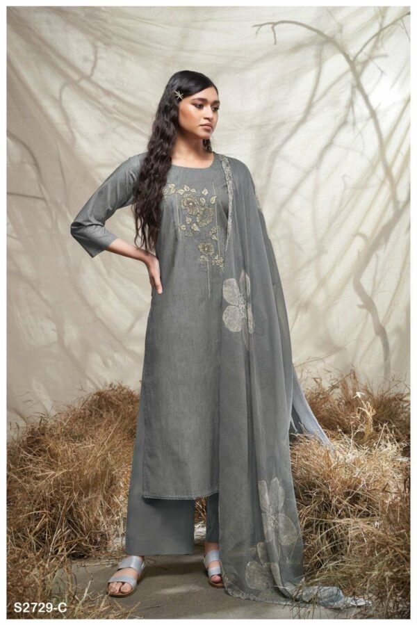 Ganga Twisha 2729D - Premium Cotton Printed With Embroidery And Cotton Lace Suit