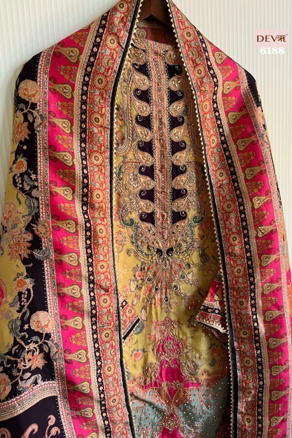 Pure Muslin Pakistani Print With Thread Dori And Stone Work Highlights Suit