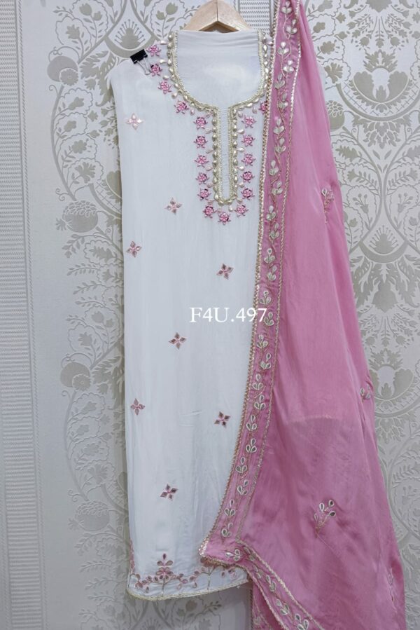 Pure Viscose Soft Organza Beautiful Leather, Mirror & Gota Work Embroidery Suit