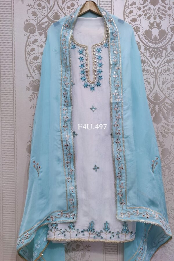 Pure Viscose Soft Organza Beautiful Leather, Mirror & Gota Work Embroidery Suit