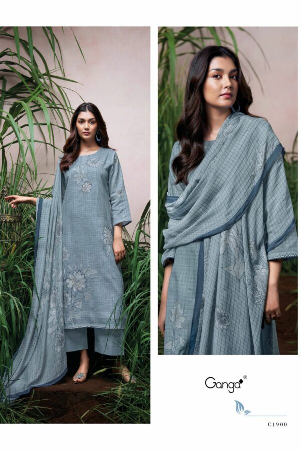 Ganga Oda C1900 - Premium Cotton Linen Printed With Hand Embroidery Suit