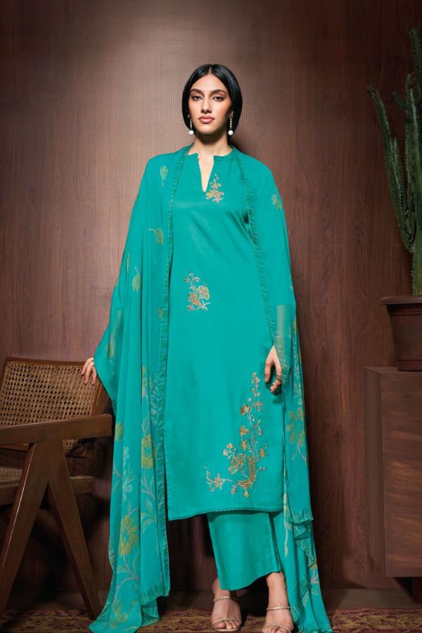 Ganga Aashi 2730D - Premium Cotton Silk Satin With Embroidery And Lace Suit