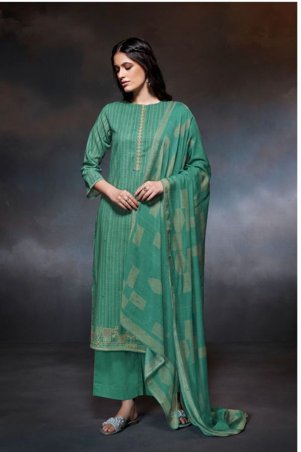 Ganga Cale 2770D - Premium Cotton Linen Printed With Embroidery And Lace Suit