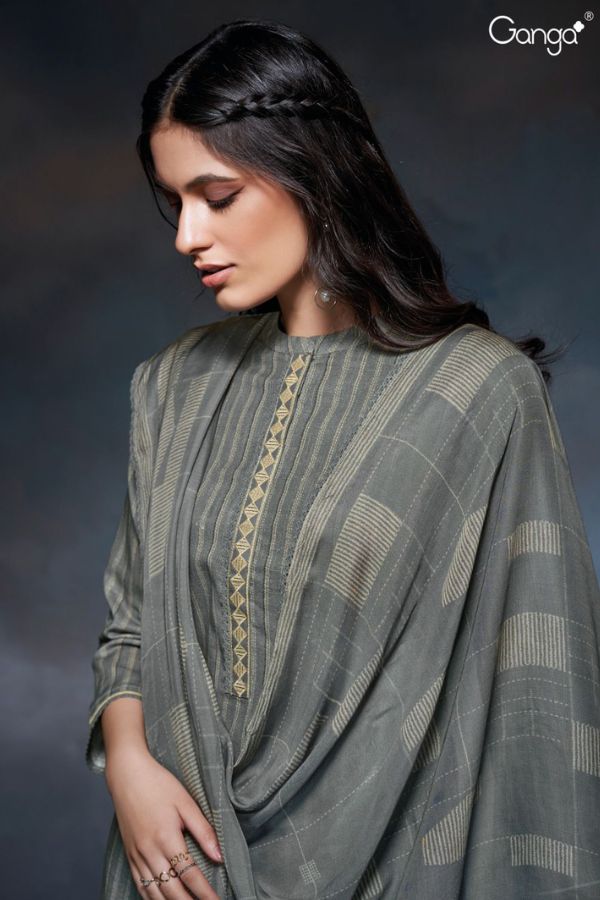 Ganga Cale 2770D - Premium Cotton Linen Printed With Embroidery And Lace Suit