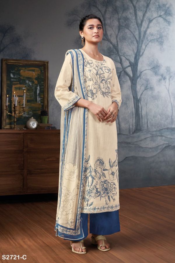 Ganga Dhanvi 2721D - Premium Cotton Linen Printed With Hand Work & Embroidery Suit