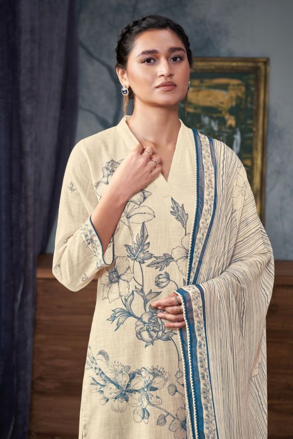 Ganga Dhanvi 2721D - Premium Cotton Linen Printed With Hand Work & Embroidery Suit