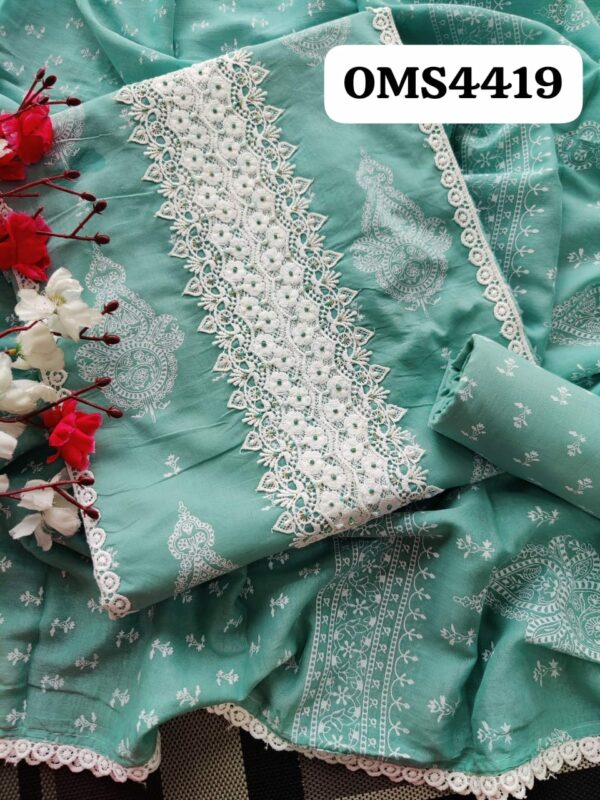 Beautiful Pure Cotton Block Print Crochet Lace Embroidery Suit